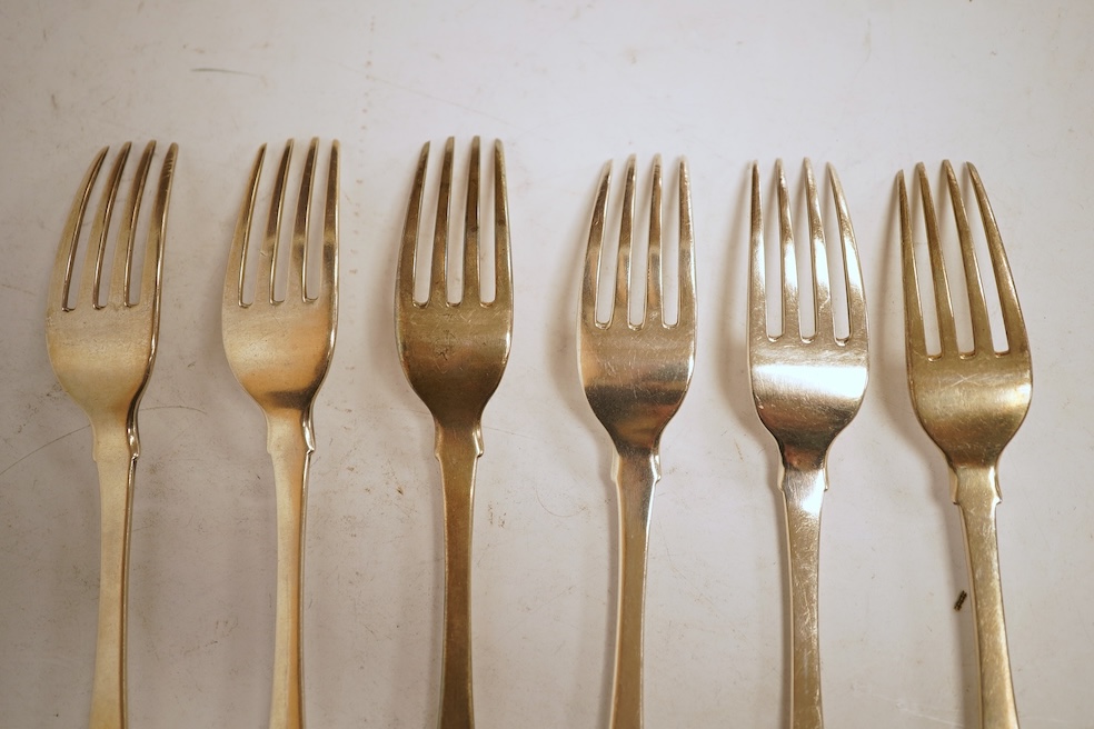 A matched set of six George III silver fiddle pattern dessert forks, all London, 1813, five by Thomas Wilkes Booth, 7.6oz.